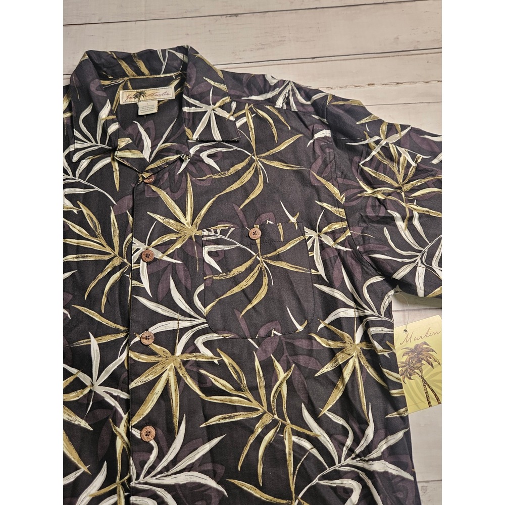 Joe Marlin Mens Large NWT Tropical Palm Leaf Button Down Shirt Black Cotton